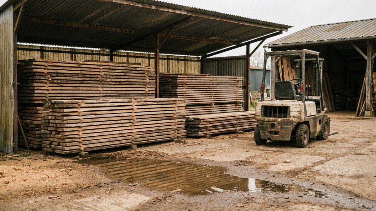 Cour d'une scierie, plots de chêne empilés sous un auvent