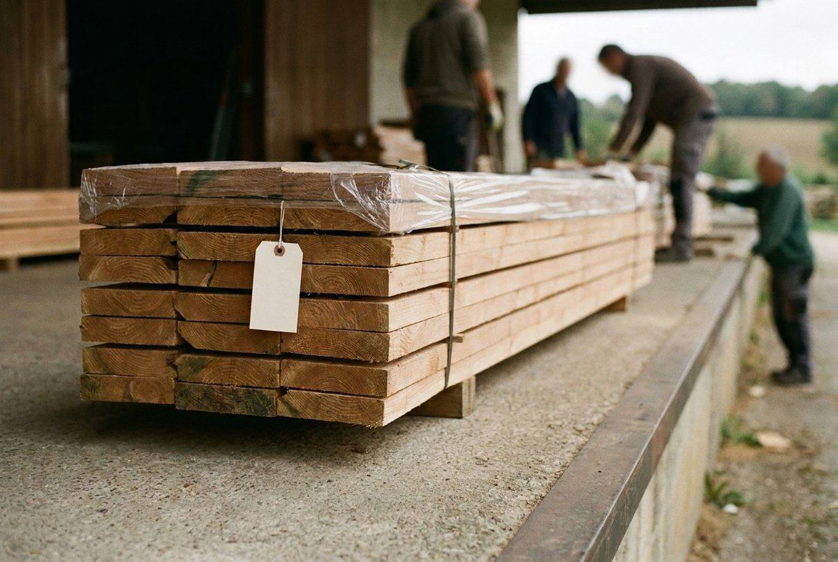 Palette de bois scié filmée sur un quai de chargement