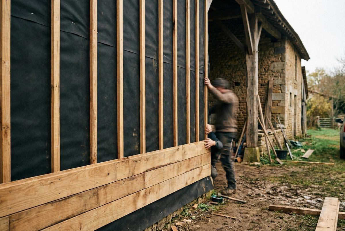 Tasseaux verticaux fixés sur un pare-pluie avant bardage