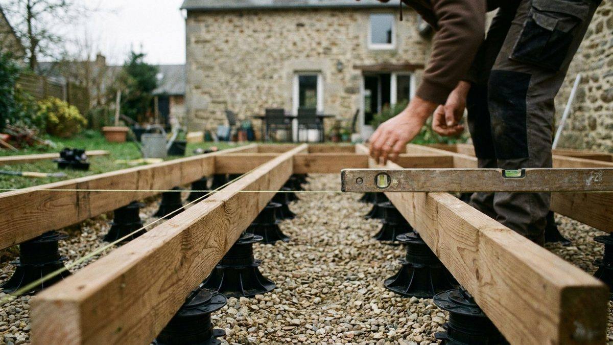 Lambourdes sur plots réglables avant la pose des lames