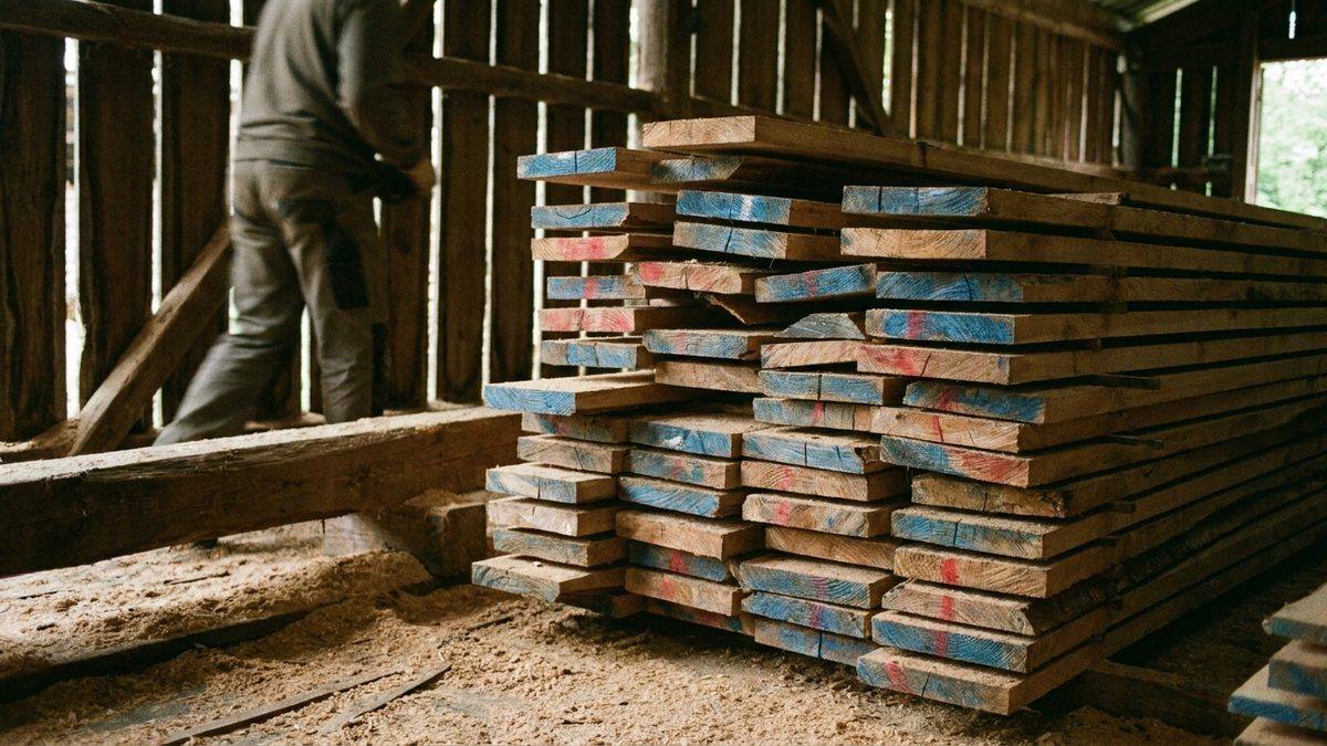 Pile de planches brutes de sciage dans un hangar