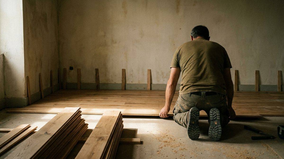 Parquet massif en cours de pose dans une pièce vide