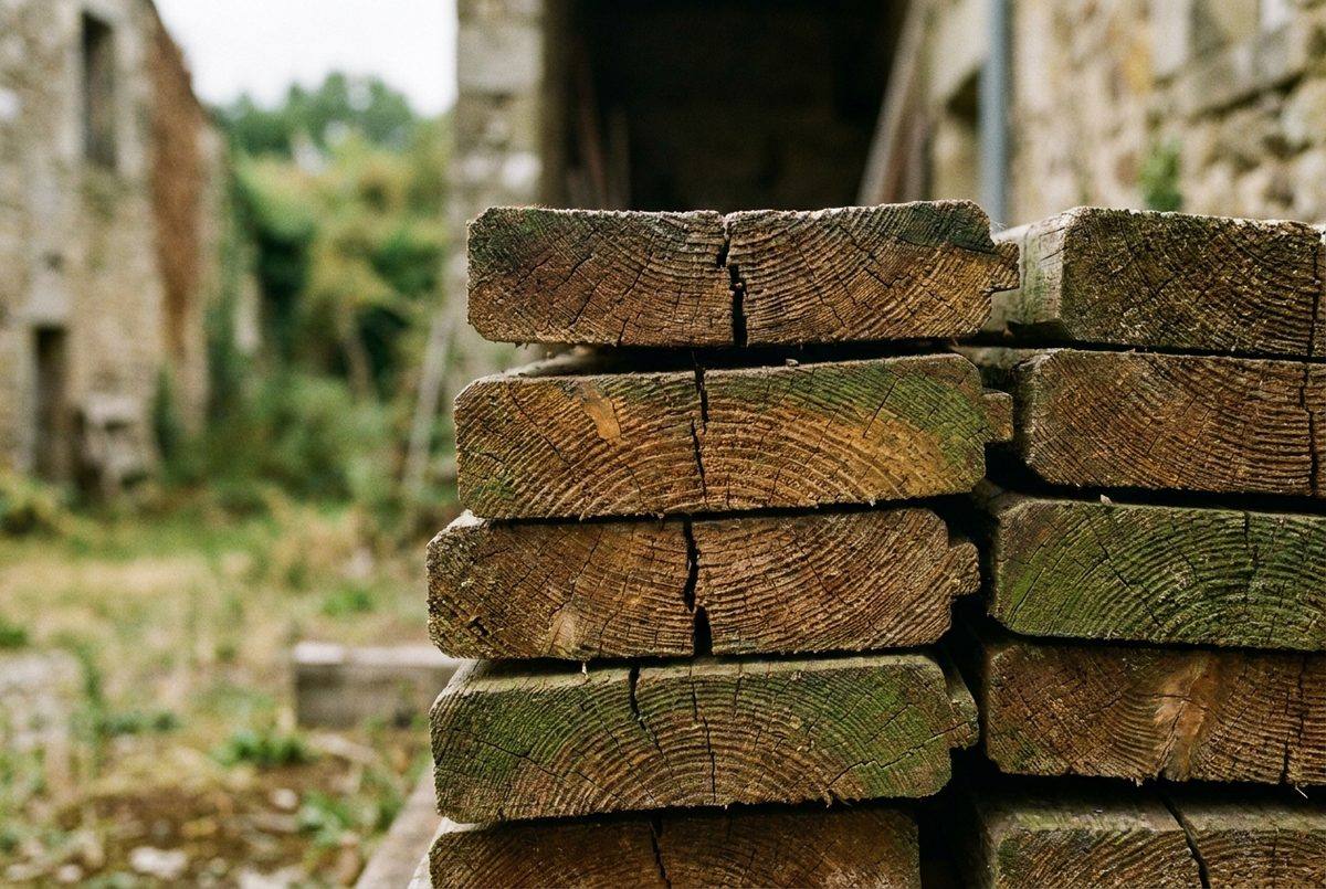 Bouts de planches empilées, fentes de retrait visibles