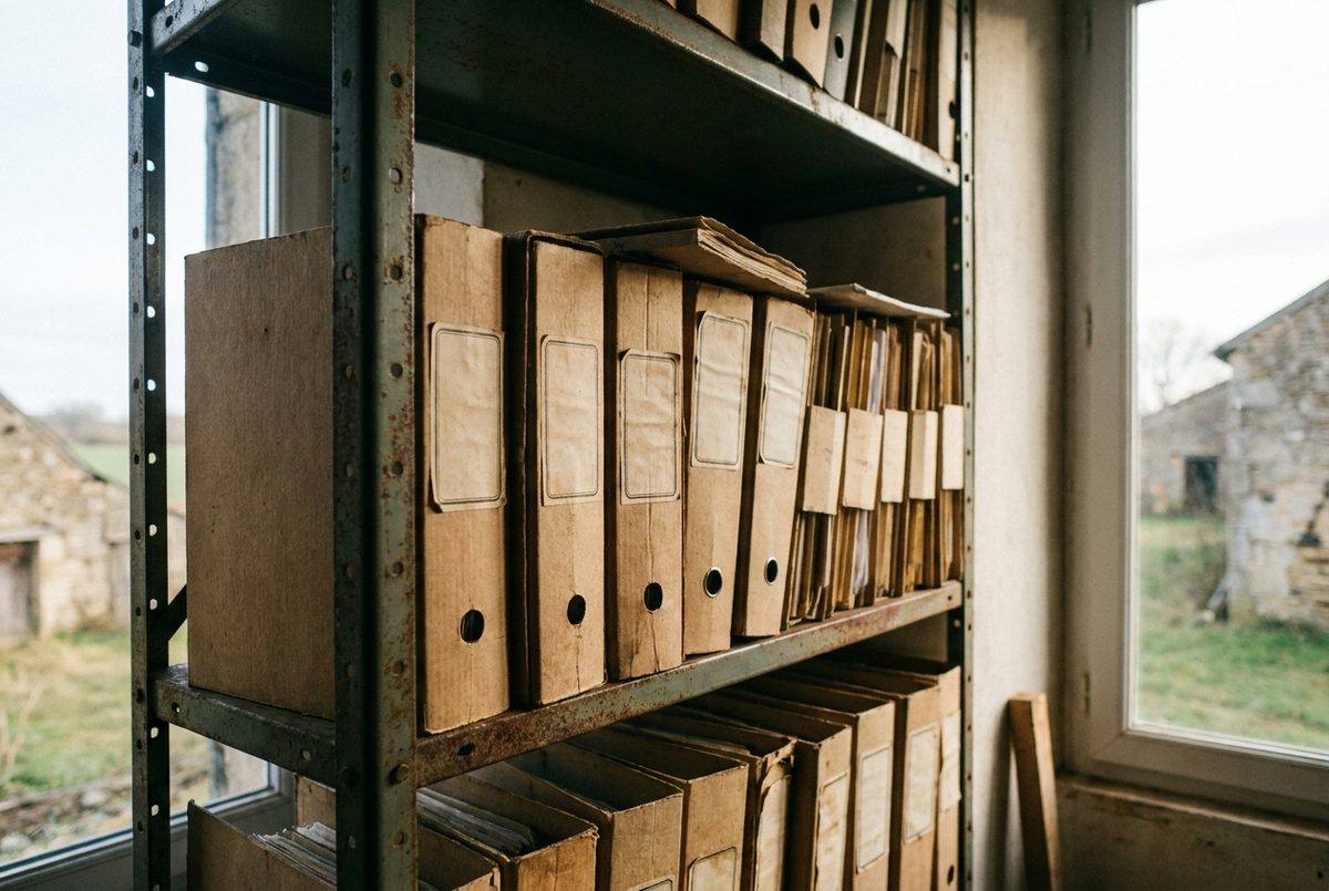Classeurs empilés sur une étagère métallique d'atelier