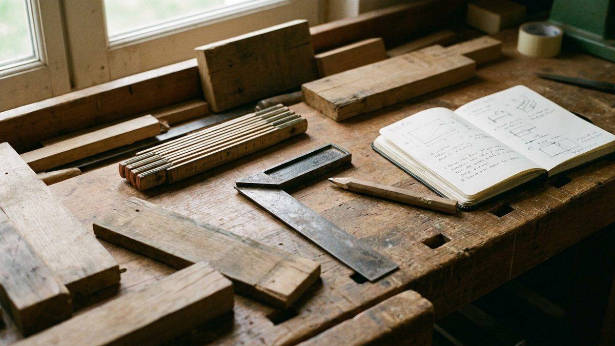 Établi vu de dessus, mètre pliant, équerre et chutes de bois