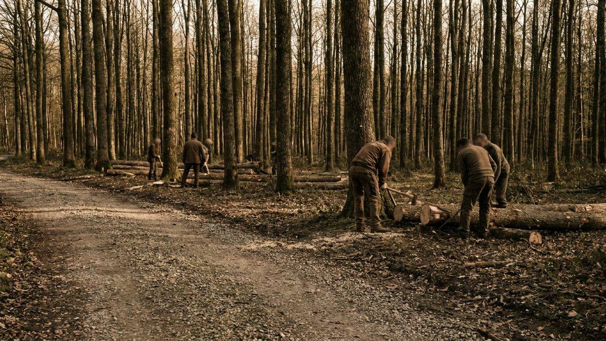 Futaie de feuillus et piste forestière en fin de journée