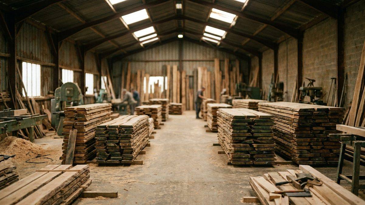 Rangées de piles de bois scié dans un hangar