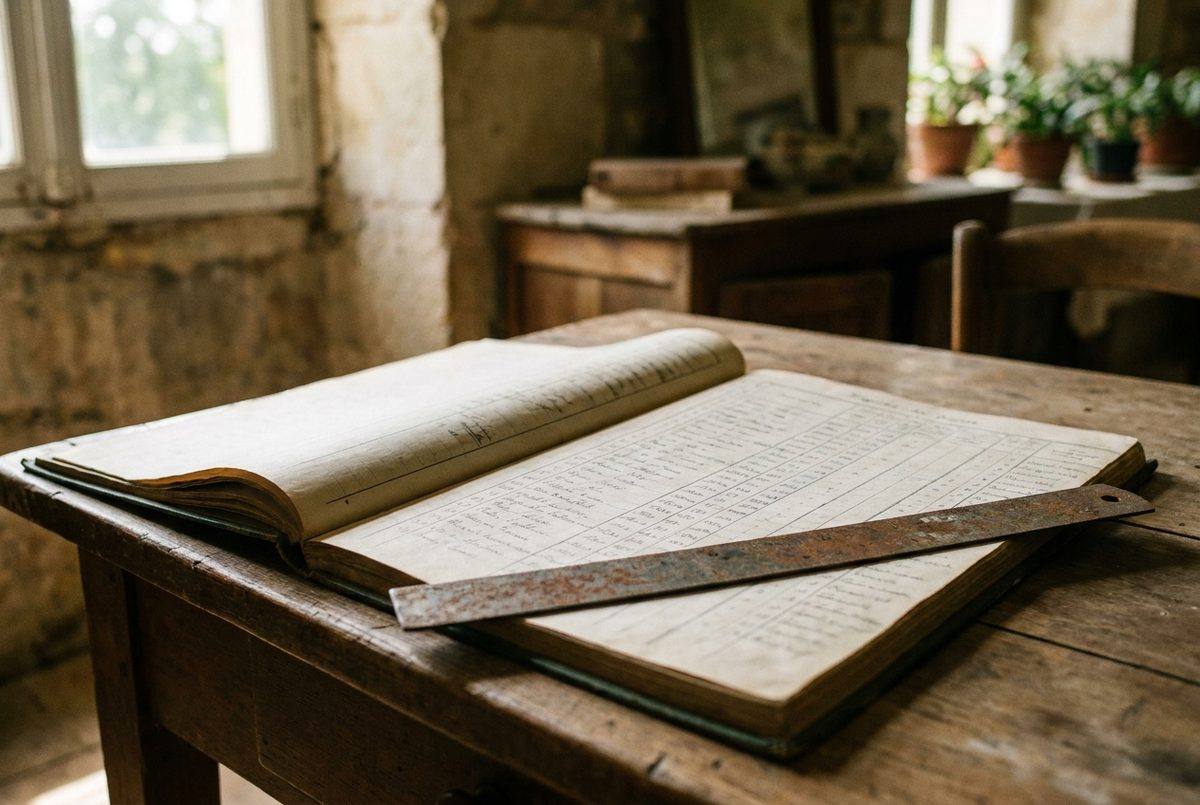 Registre papier ouvert, colonnes manuscrites